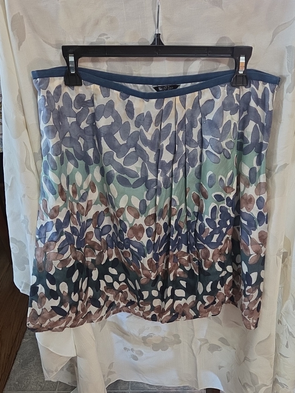 NIC+ZOE Watercolor Leaf-Print Midi Skirt in Blue, Green & Brown